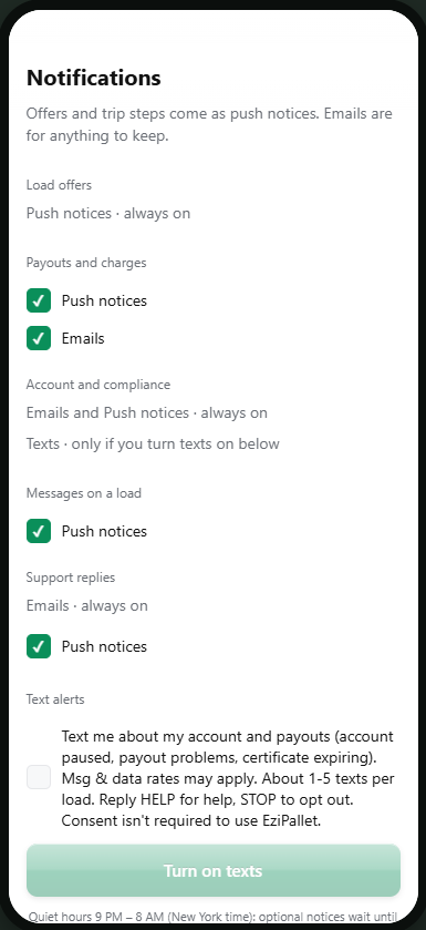 EziPallet Hauler app, Notifications: Text alerts with the unticked opt-in box and the Turn on texts button