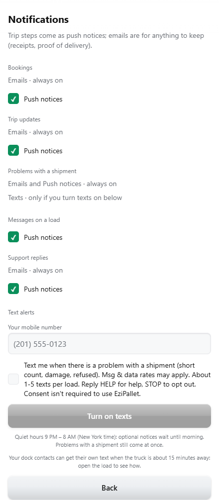 EziPallet shipper app, Notifications: mobile number, the unticked opt-in box and the Turn on texts button